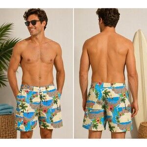 Tropical Board Shorts XL Hawaiian Beach Print Flamingo Vacation Surf Swim Trunks